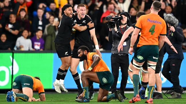 Jordie Barrett of the All Blacks celebrates after scoring the winning try. Picture: Hannah Peters/Getty Images