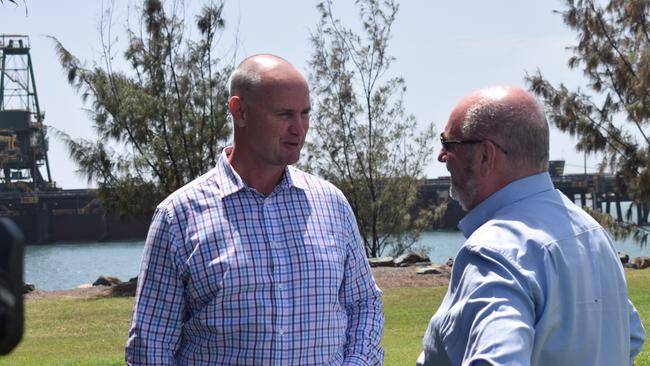 Labor's Gladstone MP Glenn Butcher and LNP Burleigh MP and Shadow Minister for Energy Michael Hart share a moment together in Gladstone after both held press conferences at the same location only minutes apart. Both were discussing the closure timeline of Callide B Power Station.