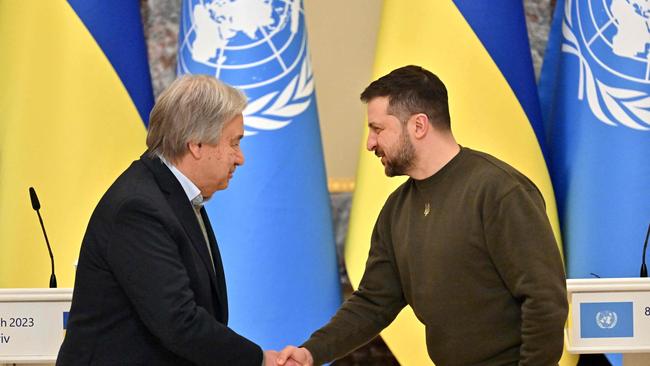 Ukrainian President Volodymyr Zelensky and Secretary-General of the United Nations Antonio Guterres in Kyiv on March 8. Picture: Sergei Supinsky / AFP