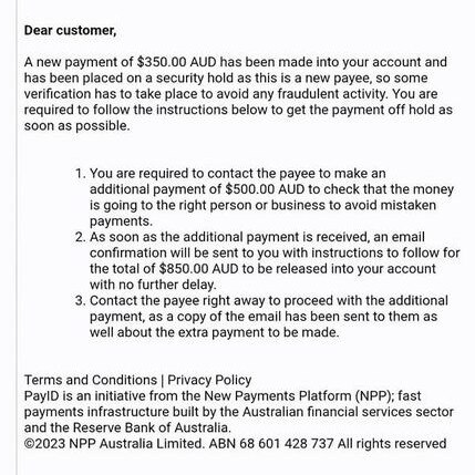 Screenshot of a deceptively real PayID scam email posted to Facebook page 'Sunshine Coast buy sell swap page' to warn people of scammers. Picture: Facebook / Sunshine Coast buy sell swap page / Alex Duncan