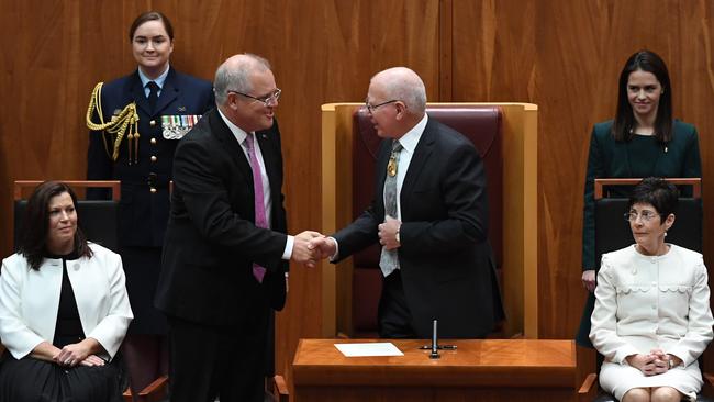 Incoming Governor-General of the Commonwealth of Australia David Hurley is seen with Australian Prime Minister Scott Morrison during the swearing in ceremony in the Senate at Australian Parliament House, in Canberra, Monday, 1 July 2019. Mr Hurley was sworn in as Australia's 27th Governor-General today. (AAP Image/Sam Mooy) NO ARCHIVING