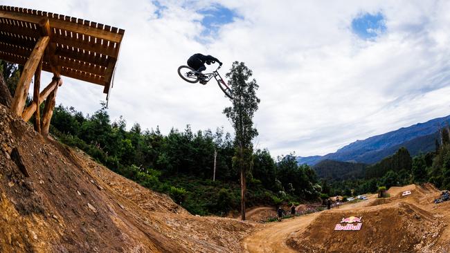 Darcy Coutts testing out the new Red Bull Hardline Tasmania track at Maydena Bike Park. Picture: Ryan Finlay.