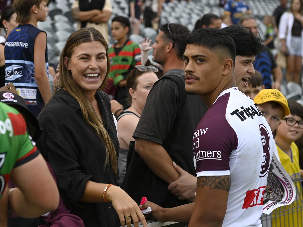 Sydney Roosters' NRLW star Jessica Sergis and Manly's Tommy Talau after the Sea Eagles' trial against Souths. Picture: NRL Imagery