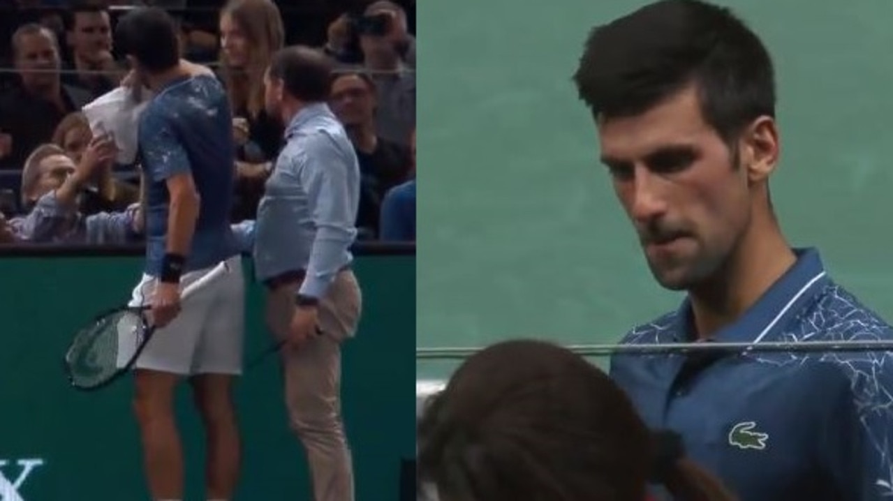 Novak Djokovic stops play to help a distressed fan at the Paris Masters.