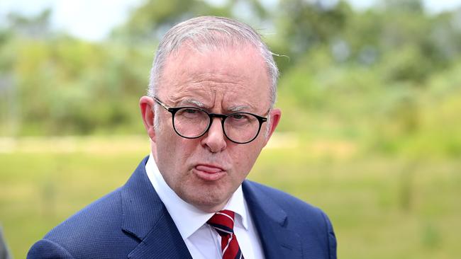 Australian Prime Minister Anthony Albanese making a funding announcement beside the Bruce Hwy. Picture: NewsWire / John Gass