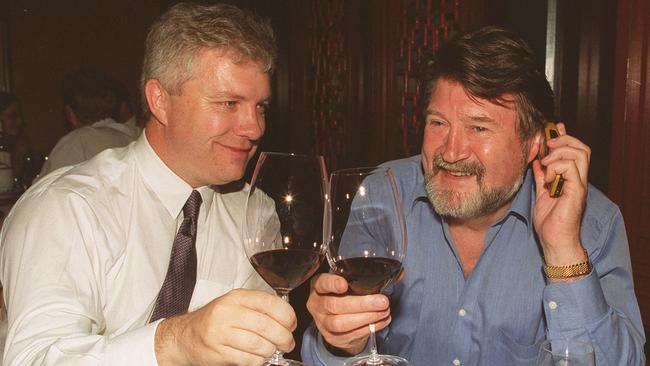 Derryn Hinch (left) enjoying a long lunch at the Flower Drum.