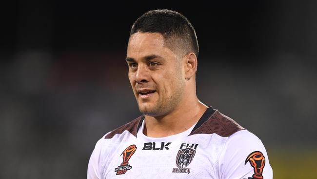 Jarryd Hayne of Fiji is sin binned after a scuffle.