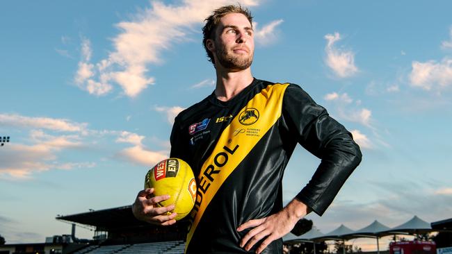 Glenelg footballer Dylan Landt at Glenelg Oval in Adelaide, Tuesday, May 18, 2021. (The Advertiser/ Morgan Sette)