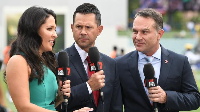 Channel 7 cricket commentators Mel McLaughlin, Ricky Ponting and Michael Slater during their coverage in 2018. Picture: Dave Hunt