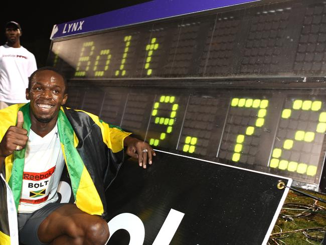 He broke the 100m world record with an astonishing time of 9.72 seconds. This would be the first of many world records shattered by Bolt. Picture: Getty