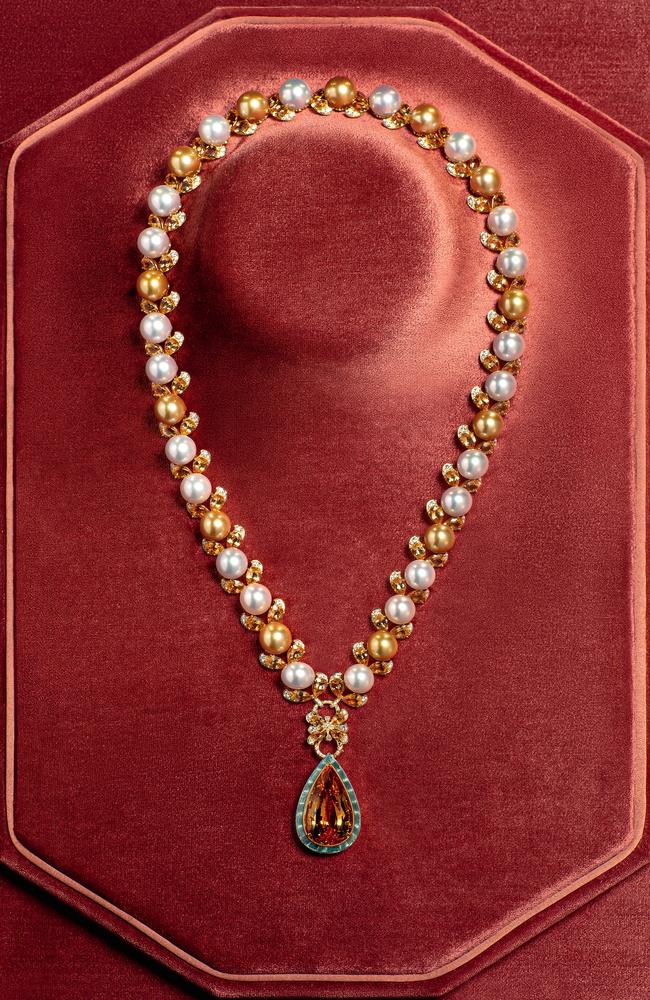 Gucci high jewellery gold necklace set with white and golden pearls, imperial topazes and diamonds. Picture: Daniele Venturelli for Gucci