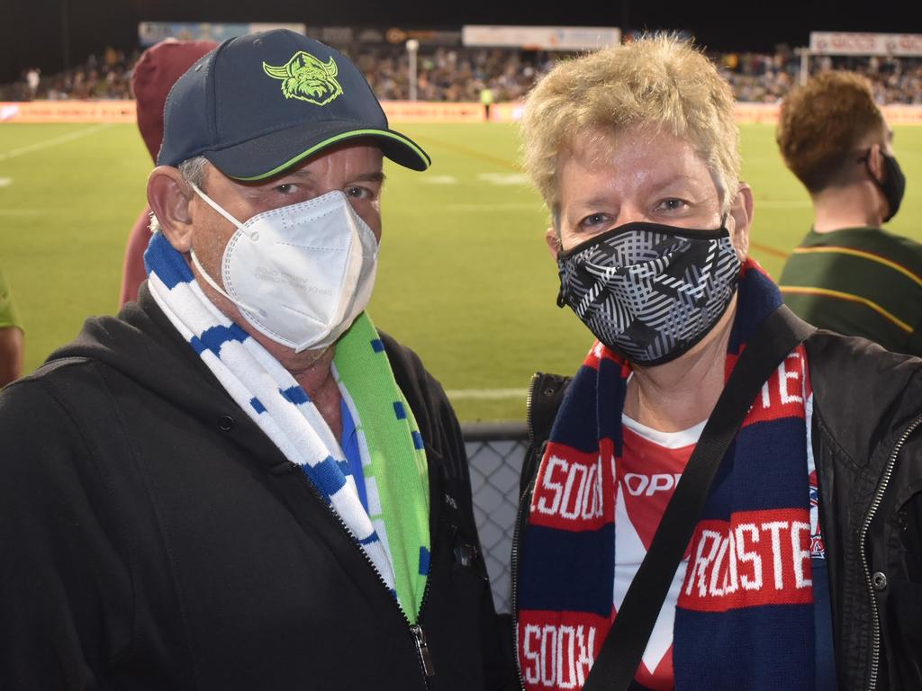 Steve Anning (left) and Jo Anning at the Canberra Raiders v Sydney Roosters round 25 match at BB Print Stadium, September 2, 2021. Picture: Matthew Forrest