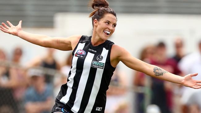 Magpie Sharni Layton celebrates a goal against West Coast.