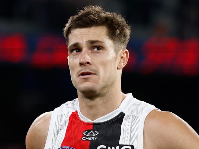 MELBOURNE, AUSTRALIA - MAY 26: Rowan Marshall (left) and Jack Steele of the Saints (centre) look dejected after a loss during the 2024 AFL Round 11 match between Narrm (Melbourne) and Euro-Yroke (St Kilda) at The Melbourne Cricket Ground on May 26, 2024 in Melbourne, Australia. (Photo by Michael Willson/AFL Photos via Getty Images)