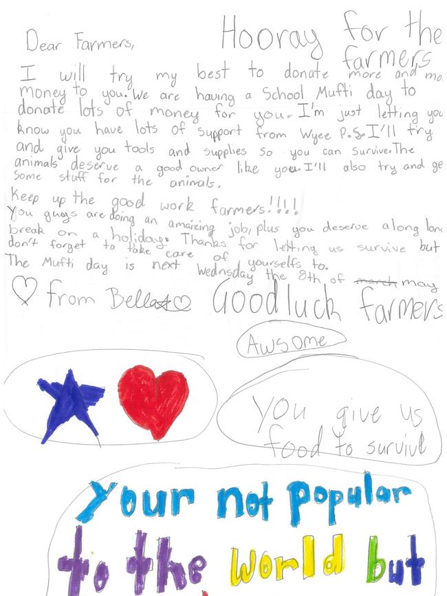 A letter written by Bella from Wyee Public School to farmers.