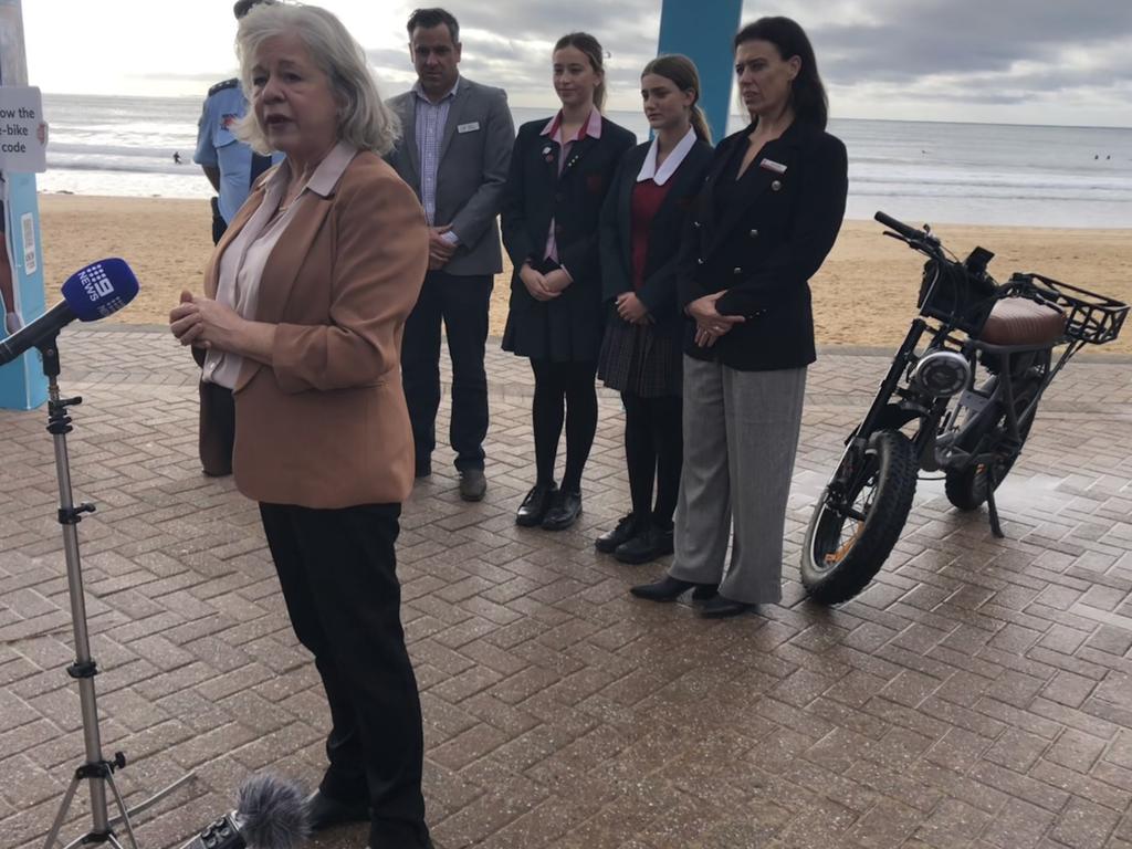 Northern Beaches Mayor Sue Heins, speaking at Monday’s launch at Manly Beach, said the council was “deadly serious” about improving e-bike safety. Picture: Jim O’Rourke