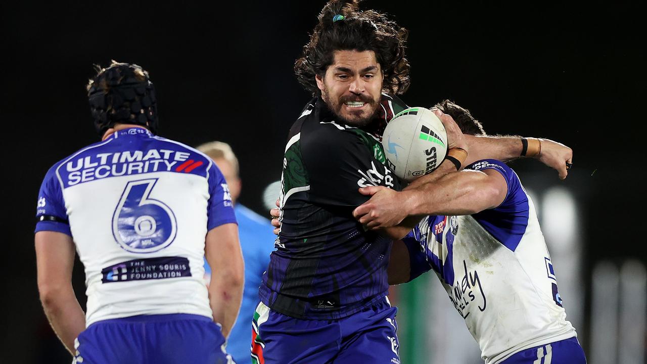 Tohu Harris of the Warriors is tackled in Auckland, New Zealand. (Photo by Phil Walter/Getty Images)