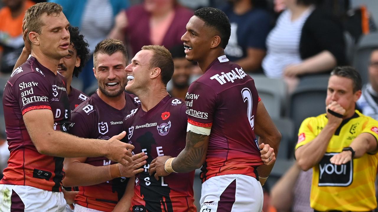 Daly Cherry-Evans of the Sea Eagles celebrates a try (AAP Image/Joel Carrett)