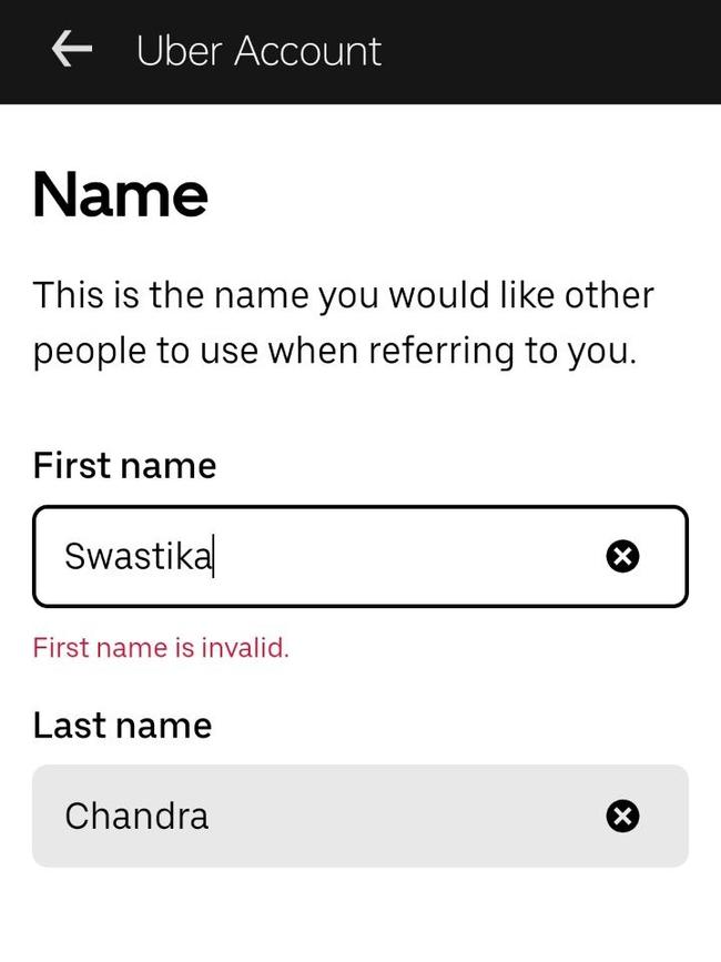 A screenshot taken on March 26, where the app said Swastika’s name was “invalid”.