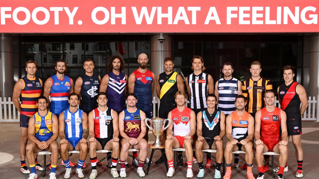 AFL Captains (back from left) Jordan Dawson, Marcus Bontempelli, Patrick Cripps, Alex Pearce, Max Gawn, Toby Nankervis, Darcy Moore, Patrick Dangerfield, James Sicily, Zach Merrett, (front from left) Liam Duggan, Jy Simpkin, Jack Steele, Lachie Neale, Callum Mills, Connor Rozee, Toby Greene and Noah Anderson at AFL Captain's Day on February 24 in Melbourne. Picture: Quinn Rooney/Getty Images