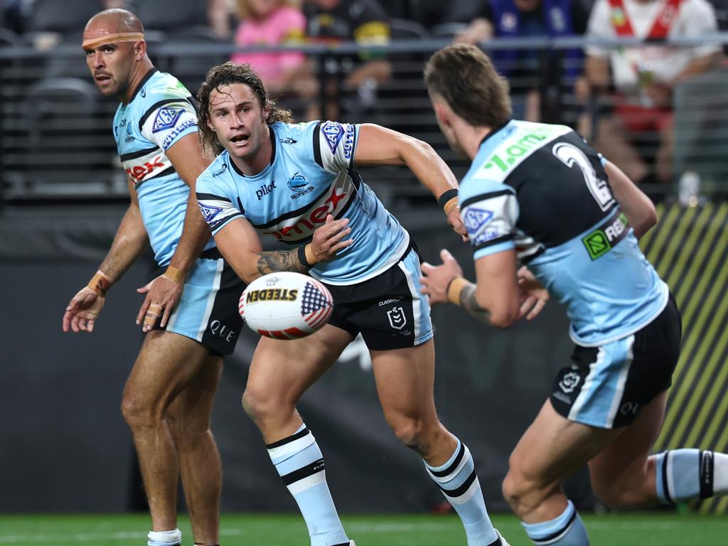 Nicho Hynes. NRL Round 1 game between Penrith Panthers and Cronulla Sharks at Allegiant Stadium in Las Vegas.