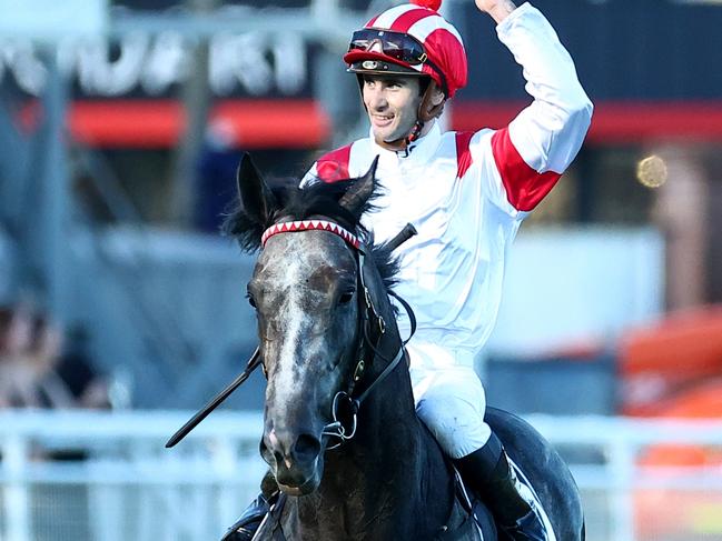 SYDNEY, AUSTRALIA - APRIL 06: Tyler Schiller riding Celestial Legend wins Race 8 The Star Doncaster Mile during Sydney Racing at Royal Randwick Racecourse on April 06, 2024 in Sydney, Australia. (Photo by Jeremy Ng/Getty Images)