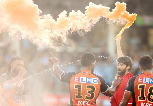 A pitch invader during the Tigers v Sharks game (Photo by Mark Kolbe/Getty Images)