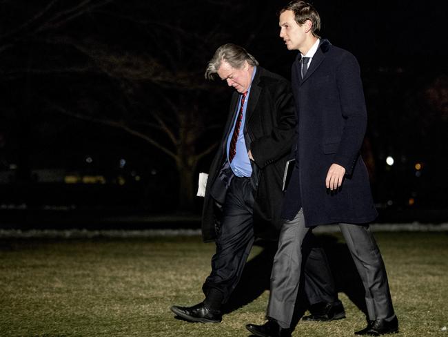 Trump senior advisers Steve Bannon and Jared Kushner on the South Lawn of the White House. Picture: AP Photo/Andrew Harnik