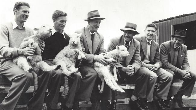 Geelong’s Bill McMaster, Russell Middlemiss, Reg Hickey, Fred Flanagan, John Hyde and Russell Renfrey on a trip to the farm in 1952. Picture: The Bob Gartland Collection