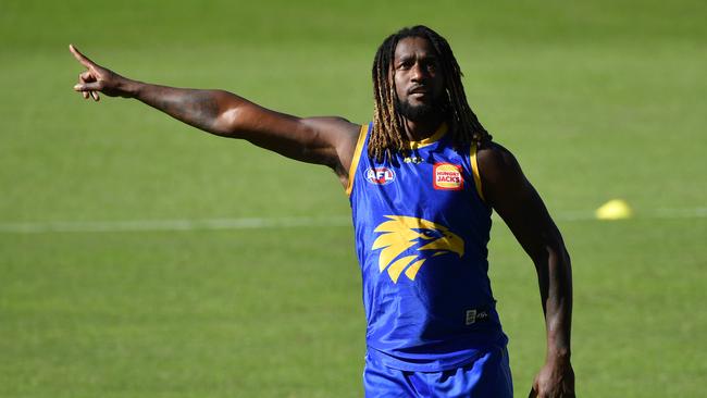 Nic Naitanui in action during a West Coast training session at Metricon Stadium. Picture: Darren England