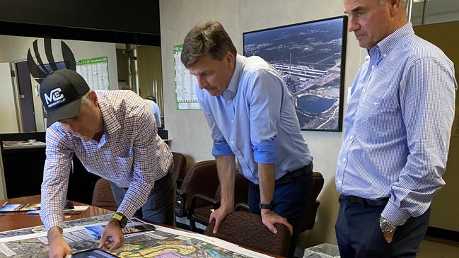 Angus Taylor with Snowy Hydro chief executive Paul Broad, right, inspecting plans for a gas fired power plant at Kurri Kurri in 2020.