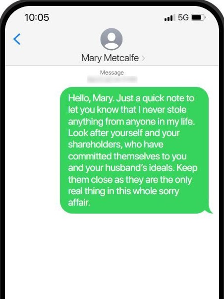 A mockup of the text message Declan* sent Mary after he quit Duff’s company.