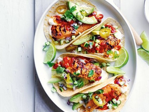 Lime and sriracha BBQ chicken tacos.