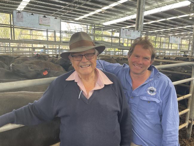 Marshall Yencken and his father David who sold their annual line of 135 Angus steers and heifers to a top of $2360 or 567c/kg at the Yea November weaner sale.