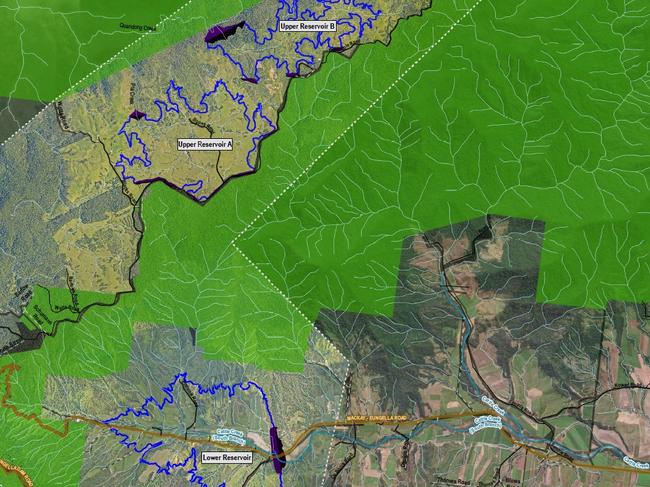 A map showing the three reservoirs and affected properties for the proposed Pioneer-Burdekin pumped hydro scheme. Picture: Queensland Hydro