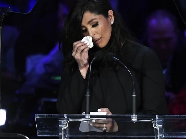 LOS ANGELES, CALIFORNIA - FEBRUARY 24: Vanessa Bryant speaks during The Celebration of Life for Kobe & Gianna Bryant at Staples Center on February 24, 2020 in Los Angeles, California. (Photo by Kevork Djansezian/Getty Images)