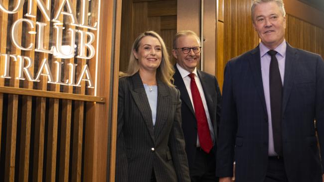 Anthony Albanese, with fiancee Jodie Haydon, says he has addressed the National Press Club 11 times since becoming leader. Picture: NewsWire / Martin Ollman
