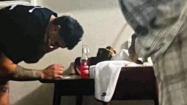 A supplied image that alleges to show NRL Star Latrell Mitchell with a white powder substance. Picture: Supplied