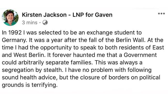 LNP Gaven candidate Kirsten Jackson’s controversial post. Photo: Facebook