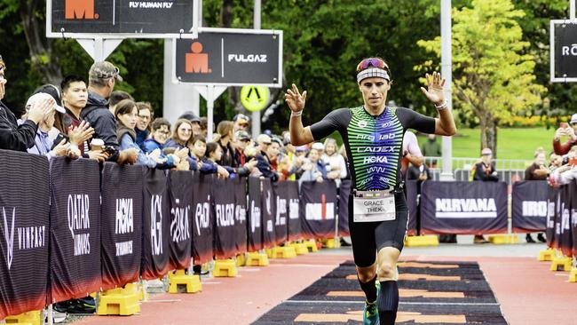 Australian triathlete Grace Thek comes second in the female Ironman 70.3 Tasmania in Hobart on Sunday 4th February 2024. Picture: Linda Higginson