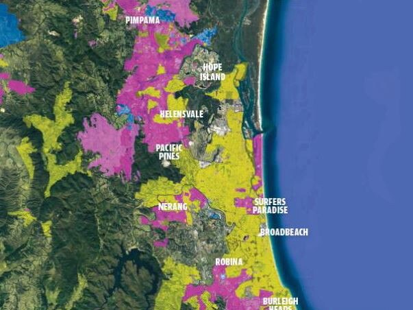 Map of NBN rollout across the Gold Coast and Tweed. Key: Service Available in purple. Build commenced in yellow and Other fibre provider in blue.