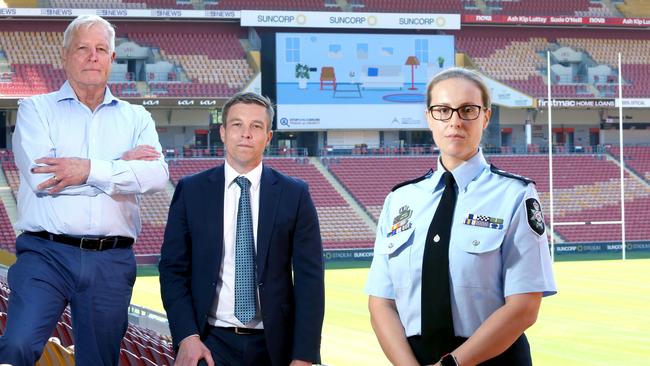 Suncorp Stadium General Manager Alan Graham, Federal Member for Ryan Julian Simmonds and AFP Commander Hilda Sirec at the Brisbane sports venue. Picture: Steve Pohlner