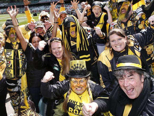 Crowd color. 2019 AFL Grand Final match between the Richmond Tigers and the GWS Giants at the MCG on September 28, 2019 in Melbourne, Australia. Excited Tiger supporters.          Picture: David Caird
