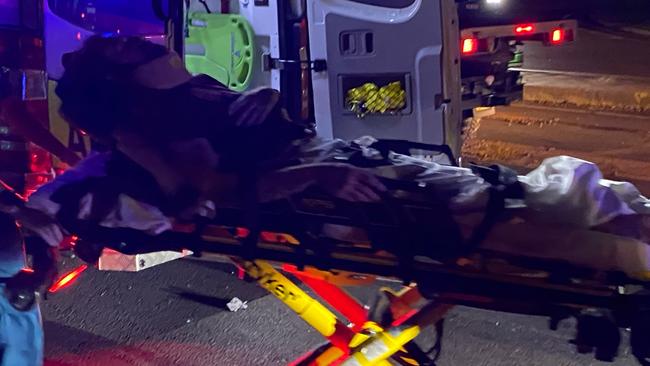 A man was transported to Gold Coast University Hospital following a crash with a delivery driver at Coomera on Saturday night. Picture Daniel Lutzke.