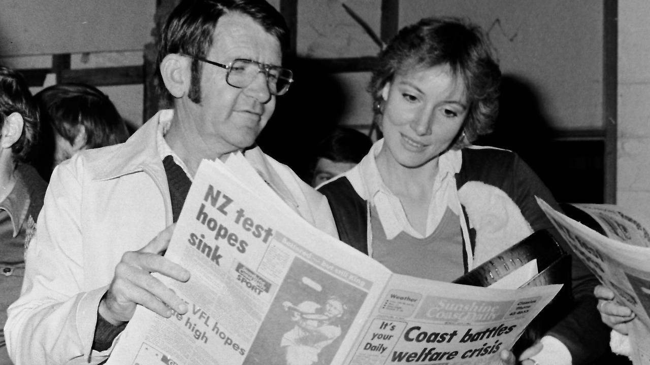 Peter Richardson and Glenis Rasmussen read the first edition of the Sunshine Coast Daily on July 7, 1980.