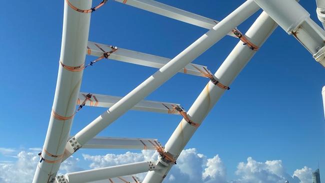 Ratchet straps covering a structure on top of The Oracle  Hinterland Tower at Broadbeach.  Picture: Supplied