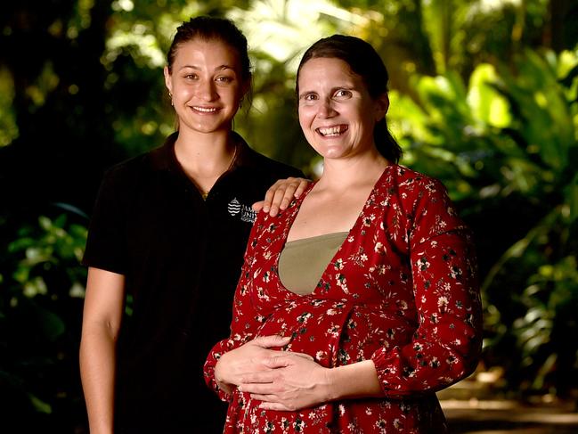 Third year James Cook University widwifery student Danette Potgieter with expectant mum Claire Dickson at Queens Gardens. Picture: Evan Morgan