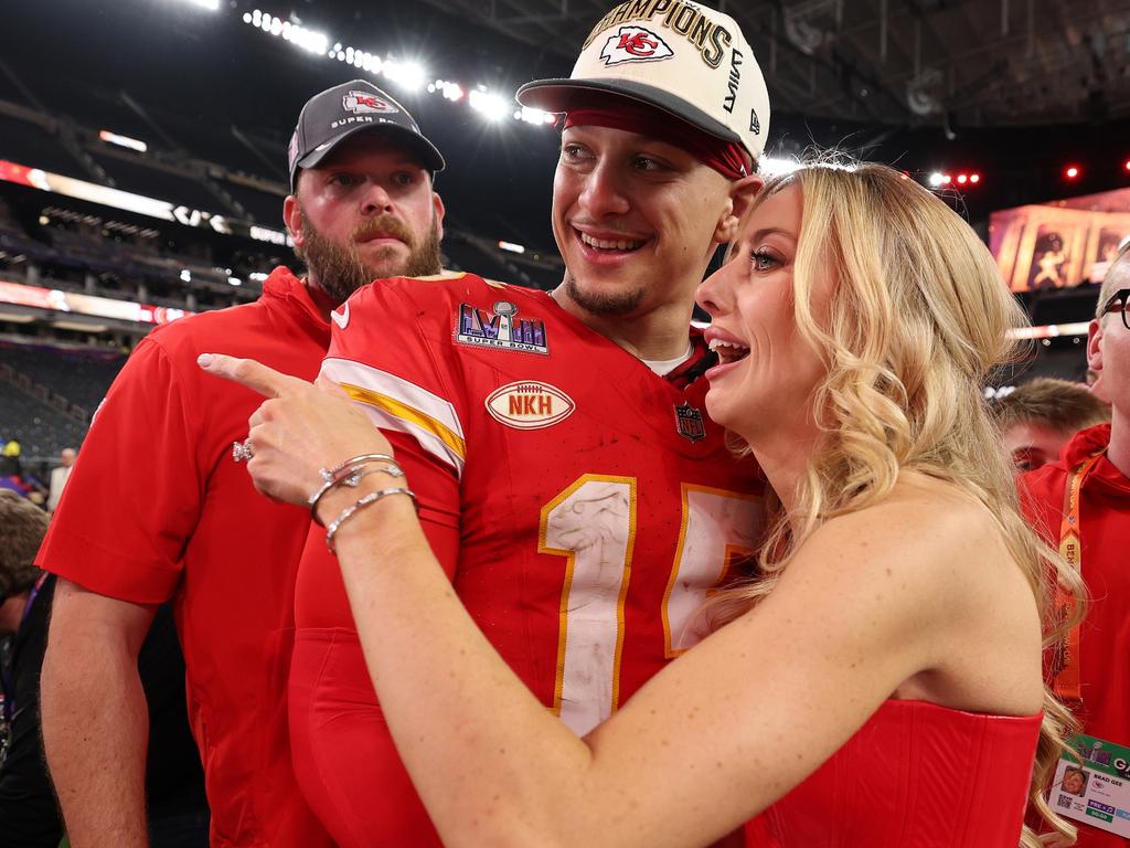 Patrick Mahomes celebrates with his wife Brittany. Picture: Jamie Squire/Getty Images