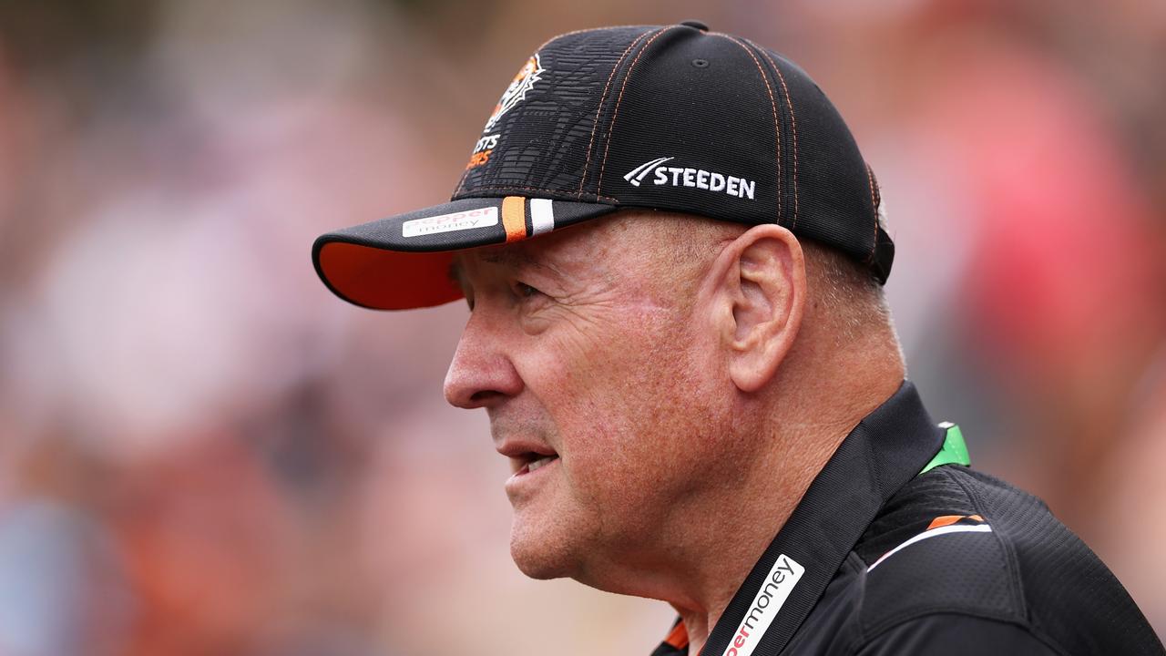 SYDNEY, AUSTRALIA - MARCH 12: Tigers coach Tim Sheens watches players warm up during the round two NRL match between Wests Tigers and Newcastle Knights at Leichhardt Oval on March 12, 2023 in Sydney, Australia. (Photo by Cameron Spencer/Getty Images)