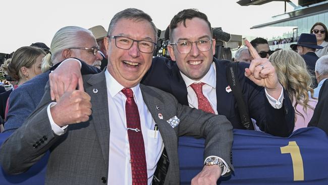 Dean Watt (left) and Adam Watt, of Dynamic Syndications, after I Am Me won the 2024 The Shorts at Royal Randwick on September 21. Picture: Bradley Photos